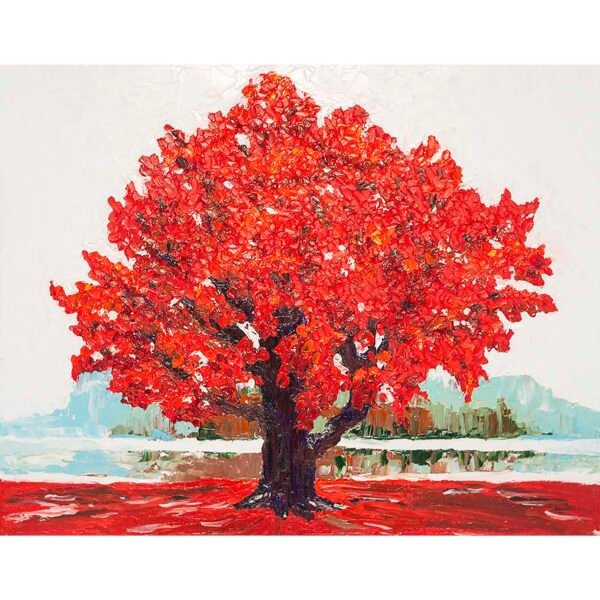 Maple Painting Landscape Original Artwork Red Tree Wall Art Lake - AGOP