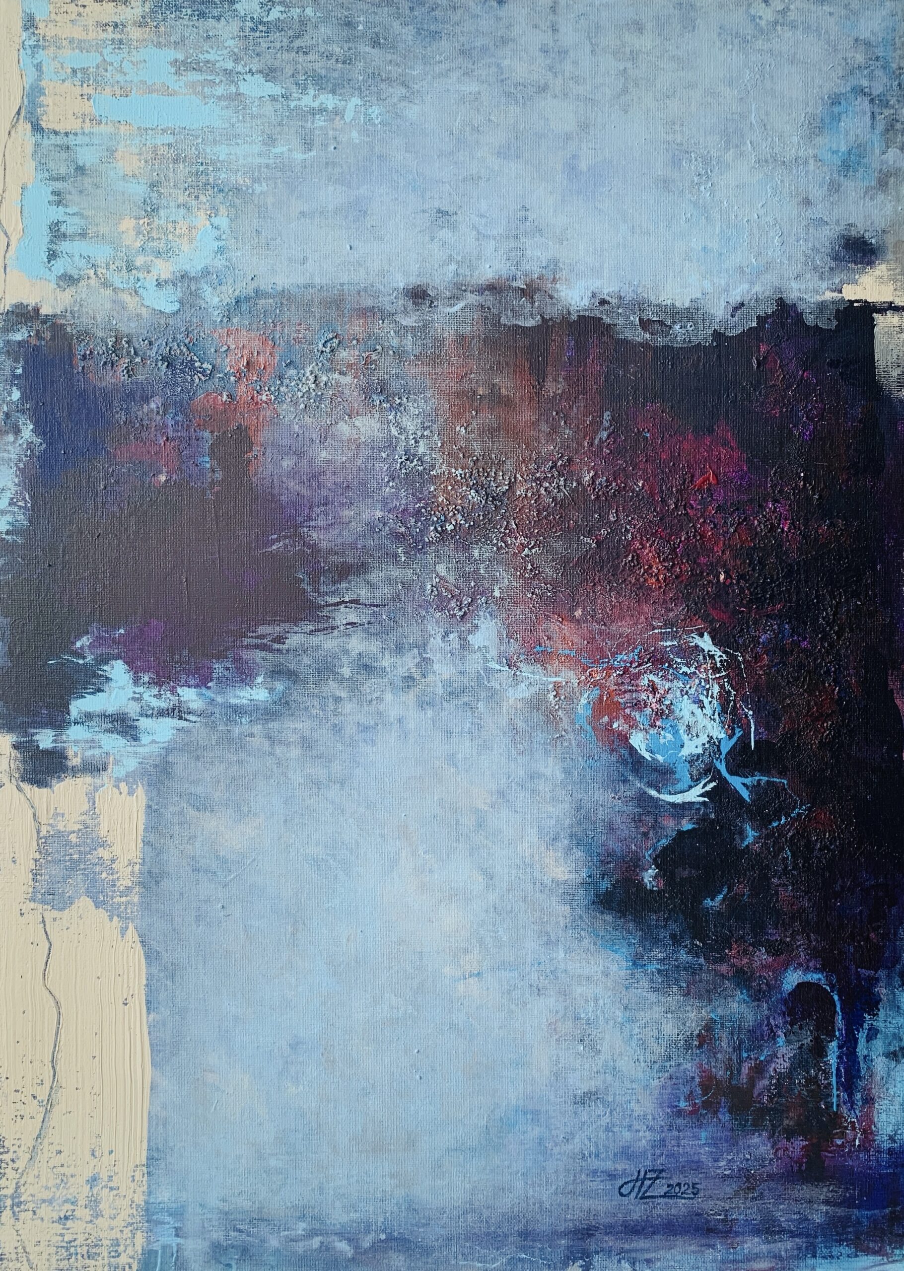 Abstract Acrylic Painting On Canvas On Cardboard "First Breath" 19,68 x 27,48 inches (50 x 69,8 cm)