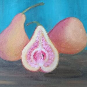 Original painting "Pears on the Table" oil on canvas 7.6 x 9.6 x 0.7 inches