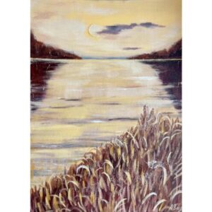 Moon Painting Landscape Yellow Brown Gold "Amber Moonlight", 50x70 cm