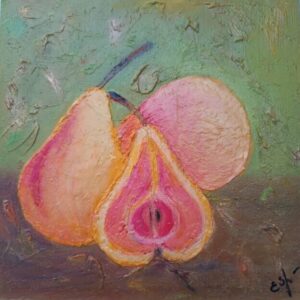 "Pears on the Table" Original 3D oil painting of fruits on fiberboard 20x20 cm (7.6x7.6 inches).