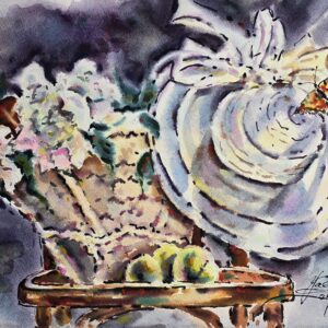 original watercolor painting that captures the fragile beauty of blooming peonies and the delicate presence of a butterfly resting gently on the flower by artist Yael Natali