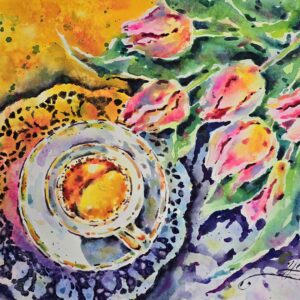 watercolor painting of still life with cup of coffee, surrounded by blooming pink tulips by artist Yael Natali