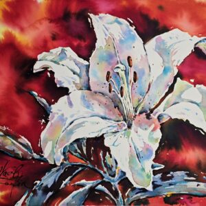 original white lily watercolor painting captures the elegance and purity of the flower against a vibrant, fiery red and orange background by Yael Natali Sonkin