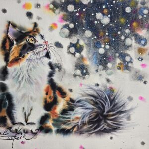 Original watercolor painting features a curious calico cat gazing upward against a galaxy-inspired starry background by Yael Natali Sonkin