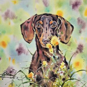 original watercolor painting features a sweet dachshund surrounded by colorful flowers, painted with soft washes and vibrant tones by Yael Natali Sonkin