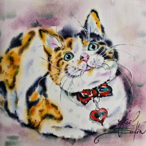 original watercolor painting portrays a charming calico cat with bright green eyes, a playful red bow, and a heart-shaped pendant by artist Yael Natali Sonkin