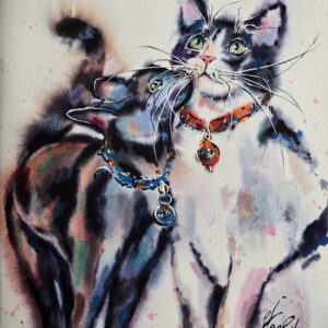 The original artwork depicts two affectionate cats with expressive eyes and colorful collars, painted in vibrant tones of blue, purple, and pink by artist Yael Natali Sonkin