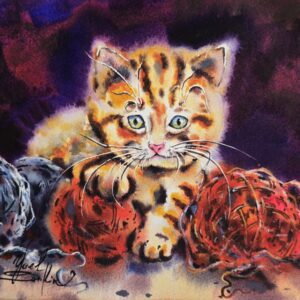 original watercolor painting of a ginger kitten with yarn balls by artist Yael Natali Sonkin
