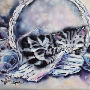original watercolor sleeping kitten with yarn basket painting by Yael Natali Sonkin