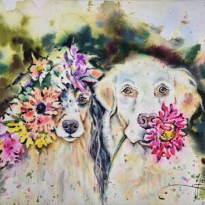 original watercolor two dogs with flowers painting by Yael Natali Sonkin