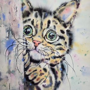 original watercolor cute tabby kitten painting by Yael Natali Sonkin