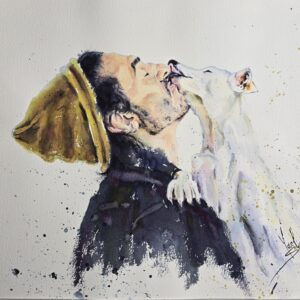 original watercolor painting of man and dog, human pet love artwork, expressive modern wall art by Yael Natali Sonkin