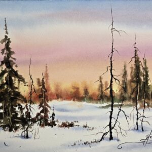 "Whisper of Winter" watercolor painting by Yael Natali - original 9x12 inch snowy landscape with trees, pastel sky in pink and gold tones, serene winter sunrise scene, fine art wall decor