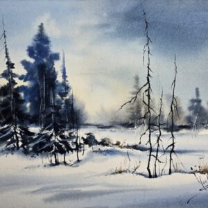 Original watercolor painting “Silent Winter Morning” by Yael Natali - serene snowy forest landscape with pine trees and soft pastel sky in blue and golden tones, peaceful winter nature scene, fine art wall decor