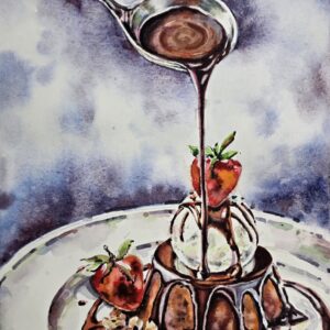 original watercolor chocolate dessert topped with strawberries, captured in a graceful moment as warm chocolate sauce slowly flows from a spoon, creating a sense of movement, sweetness, and anticipation by Yael Natali Sonkin