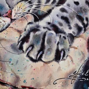 one-of-a-kind watercolor artwork featuring a close-up of a sleeping cat’s paw by Yael Natali Sonkin
