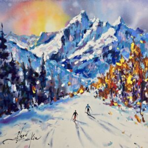 original mixed media artwork captures a quiet yet powerful winter moment - two skiers gliding down a snowy slope toward a vast mountain landscape by Yael Natali Sonkin