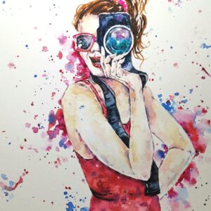 original watercolor painting of a girl photographer in red dress holding a camera, modern portrait wall art with colorful splashes, handmade artwork by Yael Natali