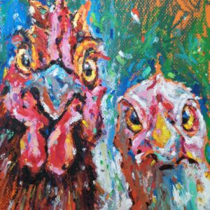 original oil pastel painting of a rooster and hen, rustic countryside farm life by Yael Natali Sonkin