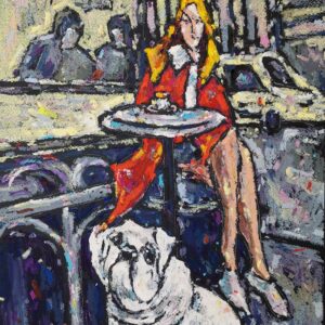 Original oil pastel painting of a lady in a red coat sitting at an outdoor café table with a bulldog in an urban street scene by Yael Natali Sonkin