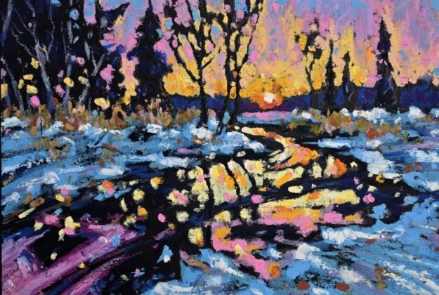 Winter Sunset Reflections - Original Oil Pastel Painting