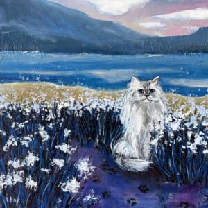 White Cat and Evening Mountain Landscape with Blooming Flowers