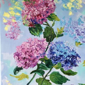 Happy Hydrangeas - original oil painting on canvas, blue pink purple flowers, thick textured pattern 30x40 cm, colorful art