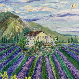 Original oil painting Lavender Field with House at the Mountains, landscape of Tuscany, Italian villa house