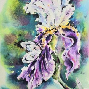 original watercolor painting features a graceful purple iris flower with a delicate butterfly resting on its petals by artist Yael Natali