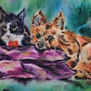 original watercolor painting captures the tender bond of friendship between a cat and a dog, resting side by side. With expressive brushstrokes and vibrant colors, this artwork radiates warmth, harmony, and the beauty of companionship by artist Yael Natali Sonkin