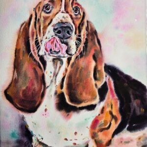 original watercolor painting features a charming Basset Hound dog, full of character with its long ears, soulful eyes, and playful expression by artist yael natali sonkin