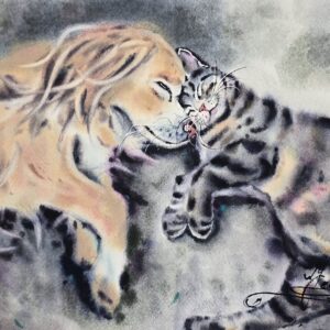 original watercolor painting shows a heartwarming scene of a dog and a cat lying closely together in peace and affection by artist yael natali sonkin