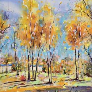 original mixed media artwork, created with watercolor and soft pastel, captures the golden beauty of an autumn landscape by artist yael natali sonkin