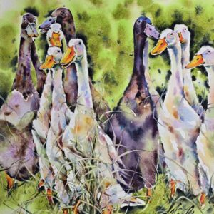 riginal watercolor painting captures a lively group of geese standing together on green grass, full of character and movement by artist Yael Natali Sonkin