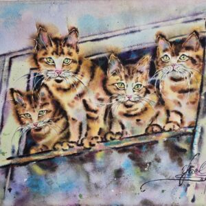 original watercolor painting features four adorable ginger kittens sitting together on a windowsill, each with bright green eyes and curious expressions by artist yael natali sonkin