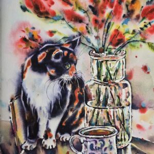 original watercolor painting features a charming calico cat sitting beside a vase of bright flowers and a cup of tea by artist yael natali