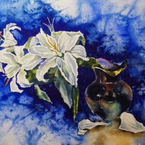 original watercolor painting of white lilies in a vase on a deep blue background, botanical watercolor by Yael Natali