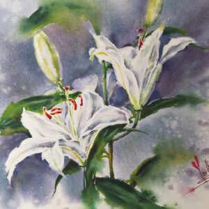original watercolor painting of white lilies, botanical floral wall art, hand-painted flower artwork by artist Yael Natali