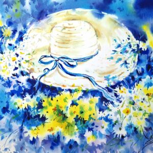 original watercolor painting of a straw hat with blue ribbon surrounded by yellow and white daisies and wildflowers by artist Yael Natali