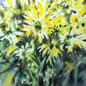 bright yellow daisies watercolor painting by Yael Natali, original floral art with sunlight and green foliage, expressive botanical wall decor, handmade watercolor artwork