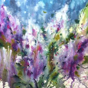 Original watercolor painting of blooming lilac flowers by Yael Natali. Vibrant purple and green floral art, spring botanical wall decor, impressionist flower watercolor artwork, perfect for nature and art lovers