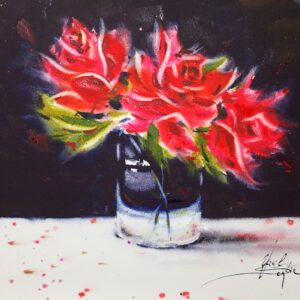 watercolor artwork of vibrant red roses bouquet in a glass vase, dramatic dark backdrop by artist yael natali
