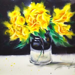 original watercolor painting of yellow roses on dark background with emerald green, indigo and carmine red tones by artist yael natali