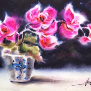 original watercolor painting of pink orchid flowers in bloom, created in wet-on-wet technique with a deep expressive background by artist yael natali