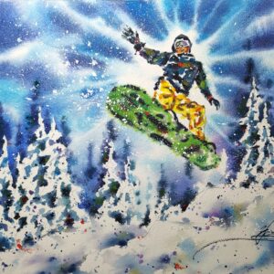 original watercolor snowboard painting, snowboarder jumping in snowy mountain landscape, winter sport wall art, extreme sports artwork by yael natali
