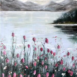 Mountain Lake Landscape with Pink Flowers