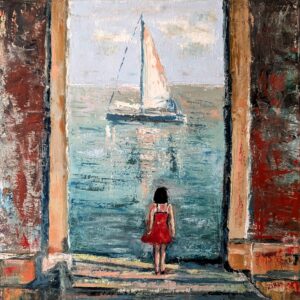 Girl on the Seashore Oil Painting on Stretched Canvas 16"x16"