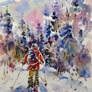 original watercolor painting captures the spirit of winter adventure, featuring a skier gliding through a snowy forest with mountains in the background by artist yael natali