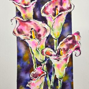 original watercolor painting of calla lilies captures the elegance and timeless beauty of these flowers by artist yael natali